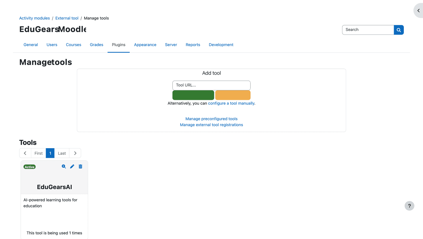 Moodle Site Administration showing the path to Manage tools under External tool settings