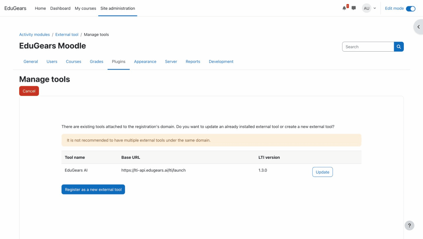 Moodle Manage tools page with the EduGears registration URL entered in the Tool URL field