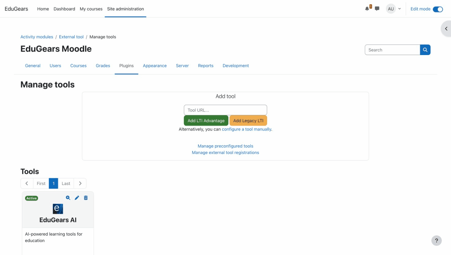 EduGears AI tool card in Moodle showing the Activate button and Active badge