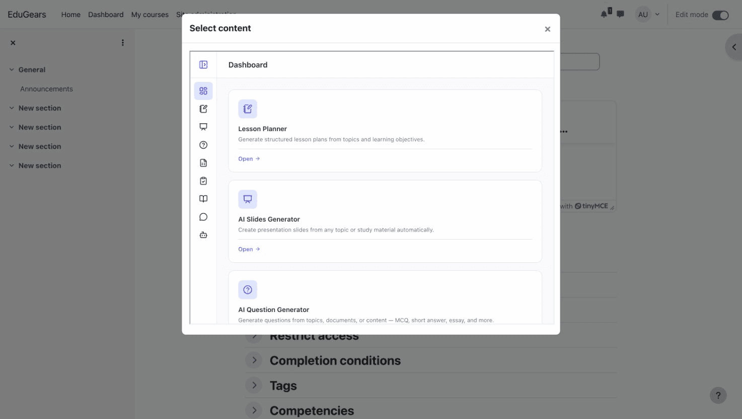 EduGears AI content picker showing available AI tools like Question Generator, Slides, Grading, and Tutor