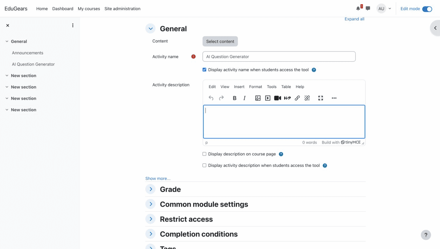 An EduGears AI tool launched from within a Moodle course